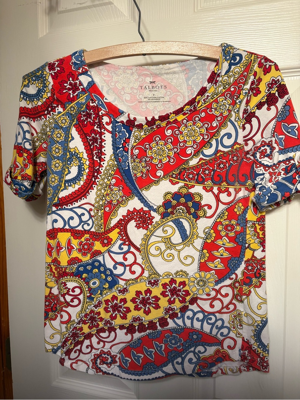 Talbots Petites Paisley Print Short Sleeve Top Petite P Red Blue Yellow